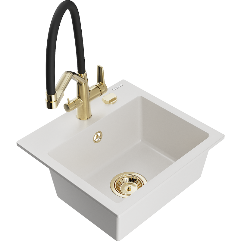 Mexen Milo 1-bowl granite sink with Duo kitchen tap, white - 6505-20-671701-57-G