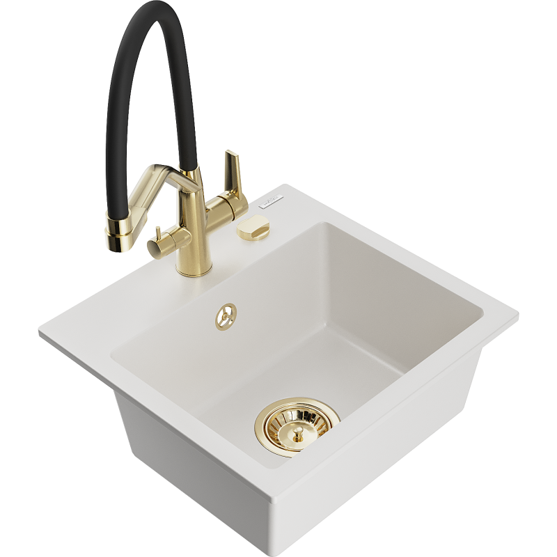 Mexen Milo fregadero de granito de 1 cámara con grifo de cocina Duo, blanco - 6505-20-671701-57-G