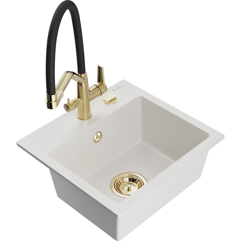 Mexen Milo lava-louça de granito de 1 cuba com torneira de cozinha Duo, branco - 6505-20-671701-57-G