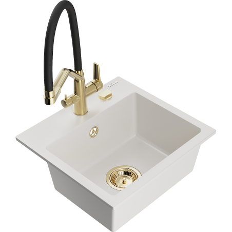 Mexen Milo Granitspüle 1-Becken mit Küchenarmatur Duo, weiß - 6505-20-671701-57-G