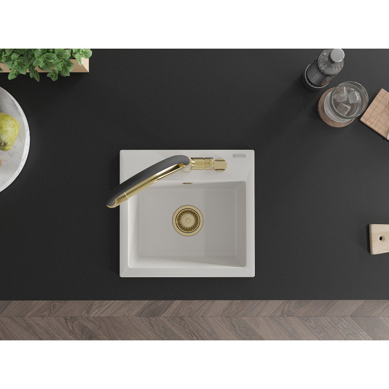 Mexen Milo lavello da cucina in granito a 1 vasca con miscelatore Duo, bianco - 6505-20-671701-57-G