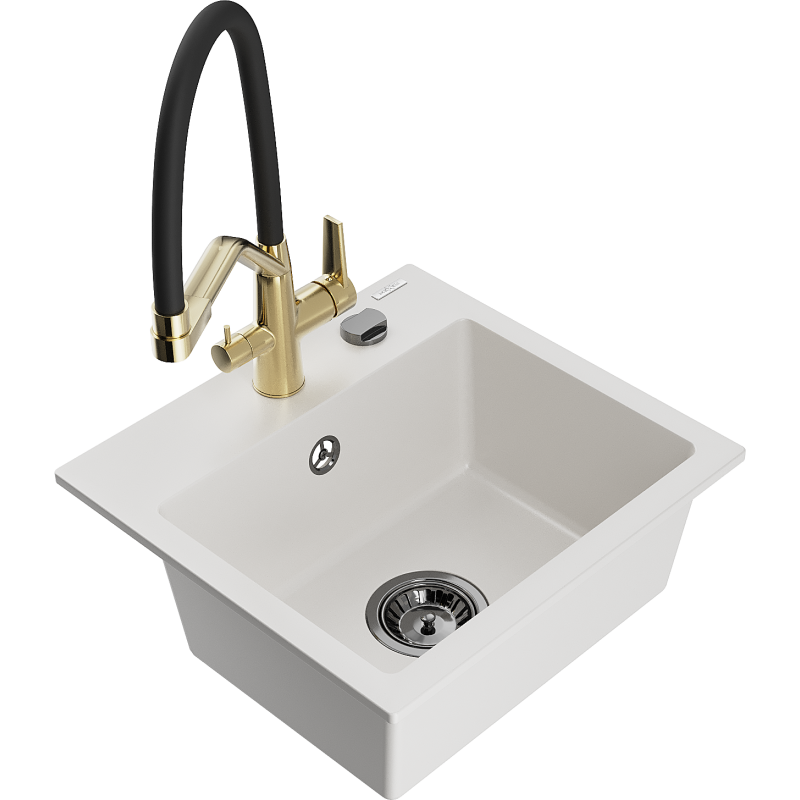 Mexen Milo fregadero de granito de 1 recipiente con grifo de cocina Duo, blanco - 6505-20-671701-57-B