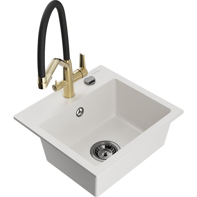 Mexen Milo granite sink 1-bowl with Duo kitchen tap, white - 6505-20-671701-57-B
