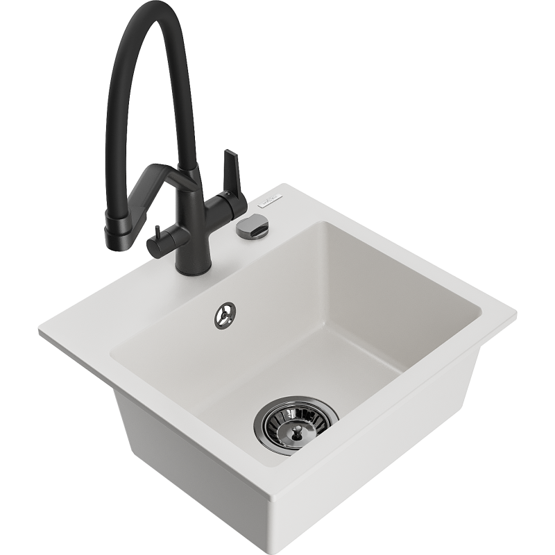 Mexen Milo 1-bowl granite sink with kitchen tap Duo, white - 6505-20-671701-70-B