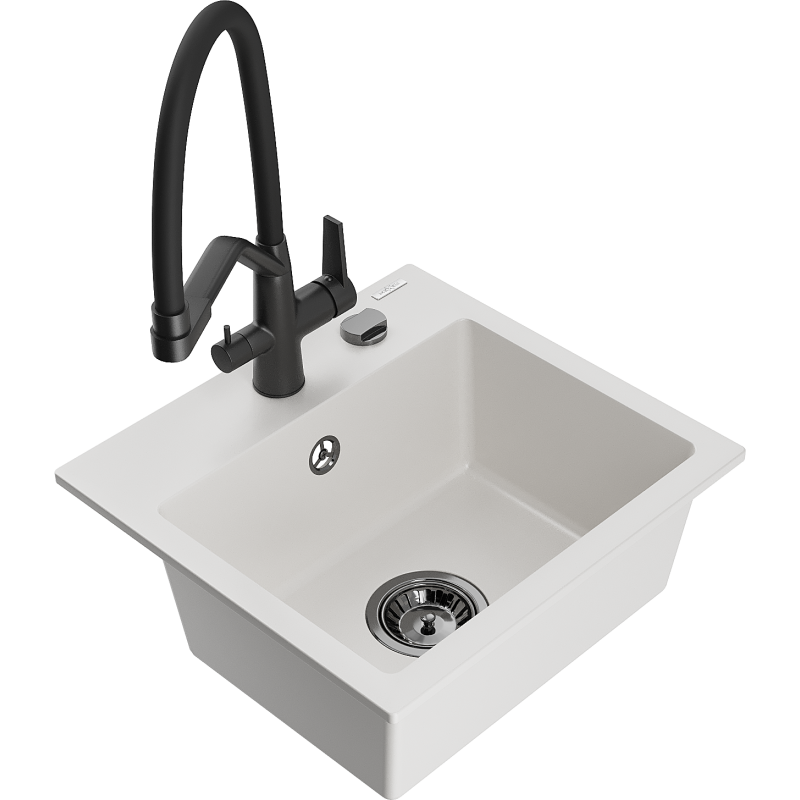 Mexen Milo fregadero de granito de 1 seno con grifo de cocina Duo, blanco - 6505-20-671701-70-B