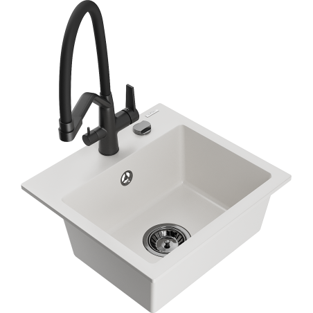 Mexen Milo granitā izlietne ar vienu nodalījumu un virtuves jaucējkrānu Duo, balta - 6505-20-671701-70-B