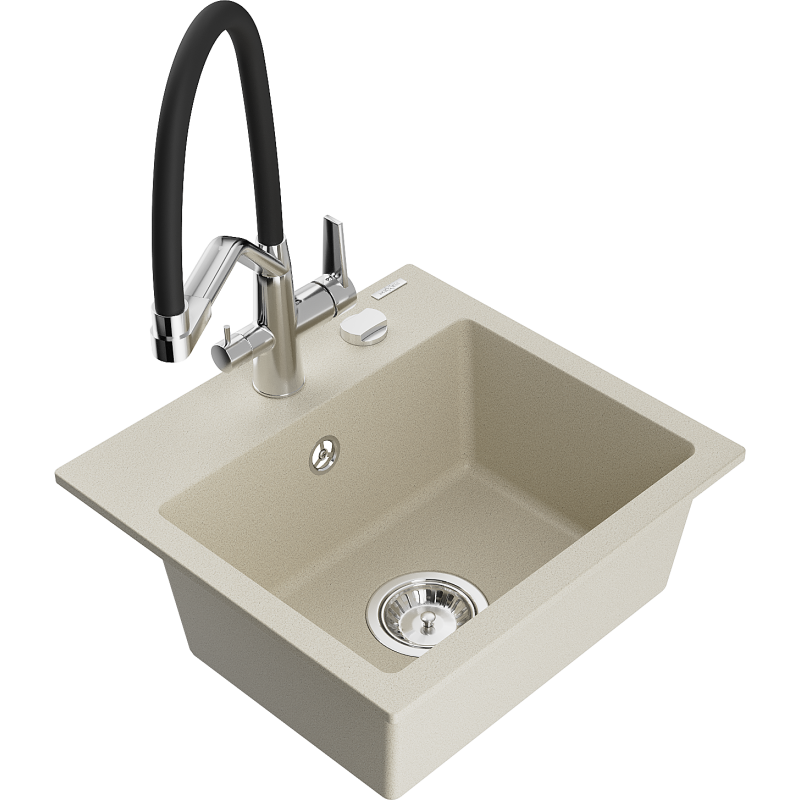 Mexen Milo 1-bowl granite sink with Duo kitchen tap, beige - 6505-69-671701-07
