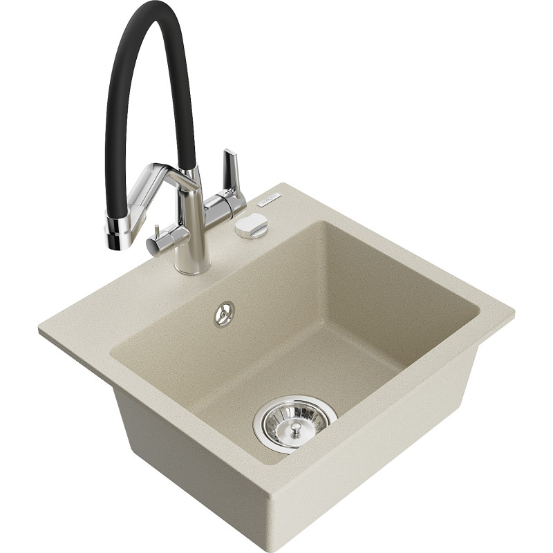 Mexen Milo Granitspüle 1-beckig mit Küchenarmatur Duo, beige - 6505-69-671701-07