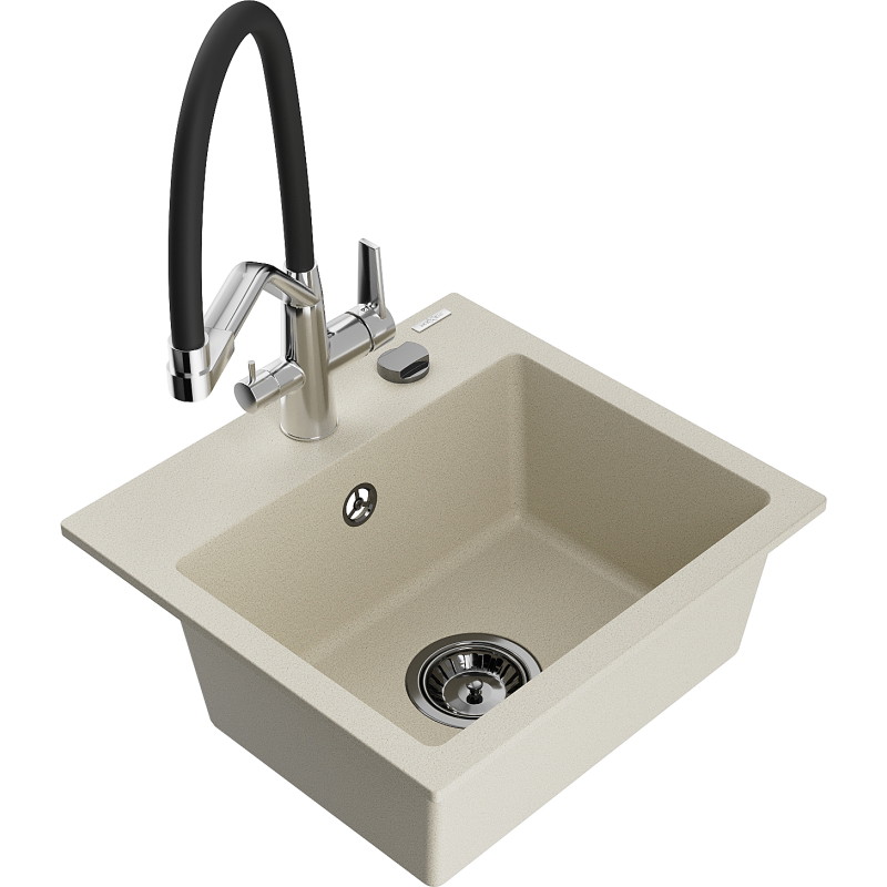 Mexen Milo évier en granit 1 bac avec robinet de cuisine Duo, beige - 6505-69-671701-07-B