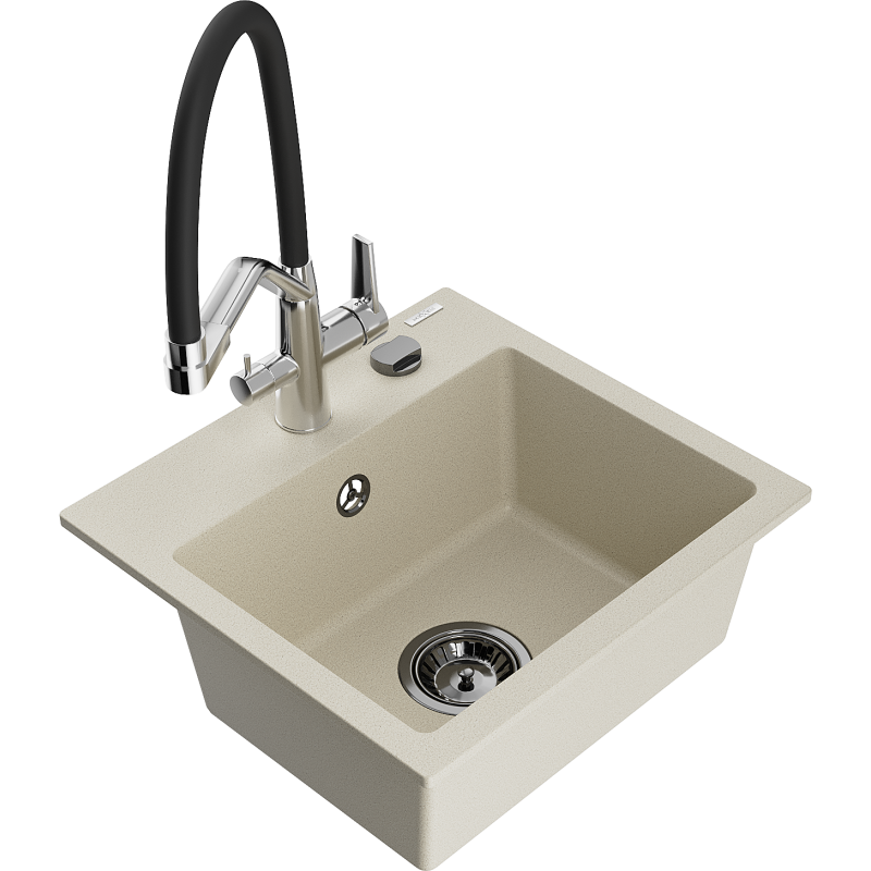 Mexen Milo single-bowl granite sink with Duo kitchen mixer, beige - 6505-69-671701-07-B