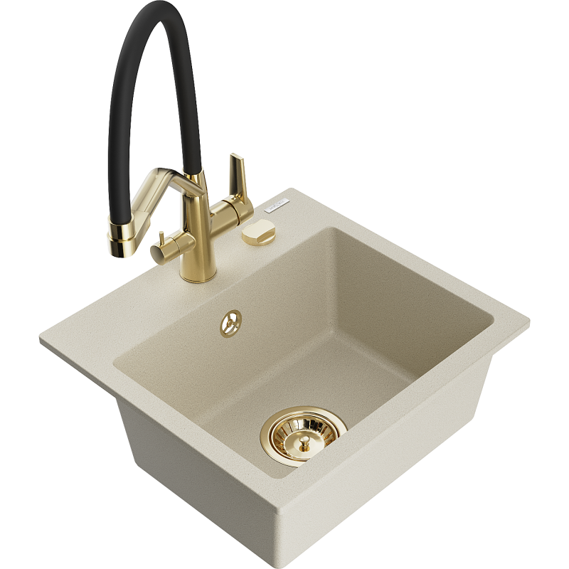Mexen Milo fregadero de granito de 1 recipiente con grifo de cocina Duo, beige - 6505-69-671701-57-G