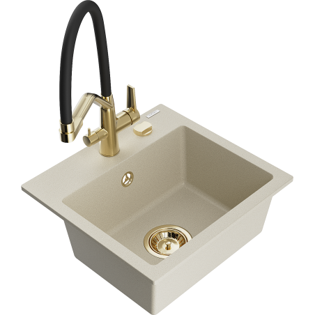 Mexen Milo évier en granit 1 cuve avec robinet de cuisine Duo, beige - 6505-69-671701-57-G