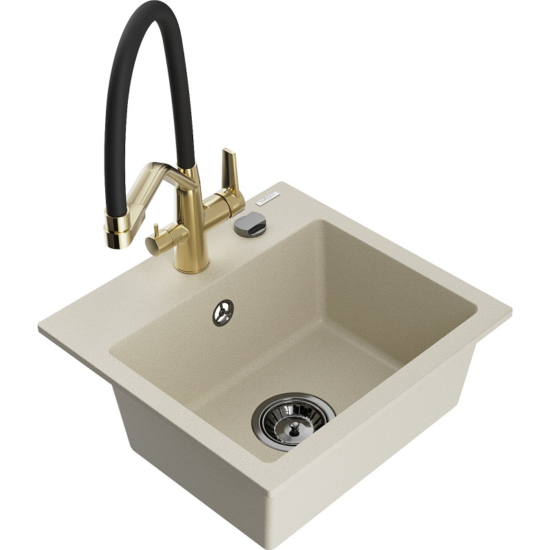 Mexen Milo fregadero de granito de una cuba con grifo de cocina Duo, beige - 6505-69-671701-57-B
