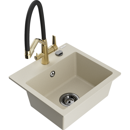 Mexen Milo évier en granit 1 bac avec robinet de cuisine Duo, beige - 6505-69-671701-57-B