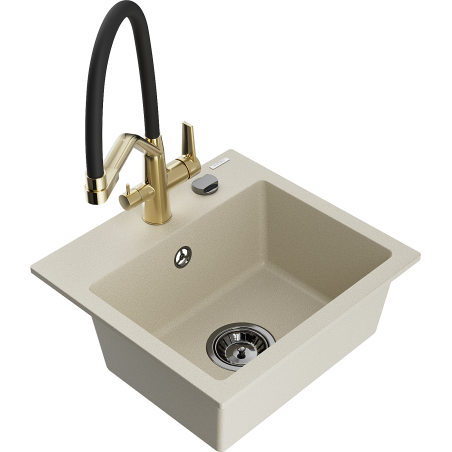 Mexen Milo granite kitchen sink 1-bowl with Duo kitchen tap, beige - 6505-69-671701-57-B