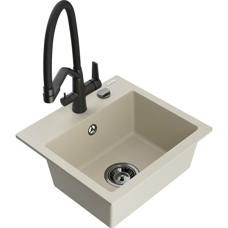Mexen Milo évier en granit 1 bac avec robinet de cuisine Duo, beige - 6505-69-671701-70-B