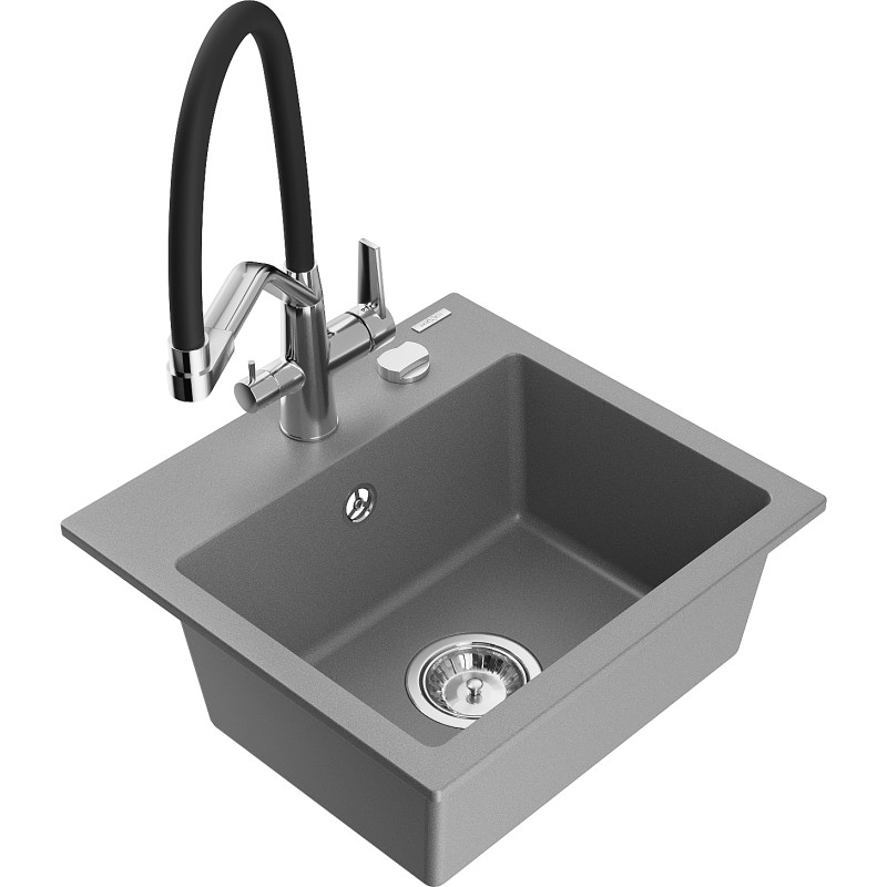 Mexen Milo évier en granit 1 bac avec robinet de cuisine Duo, gris - 6505-71-671701-07