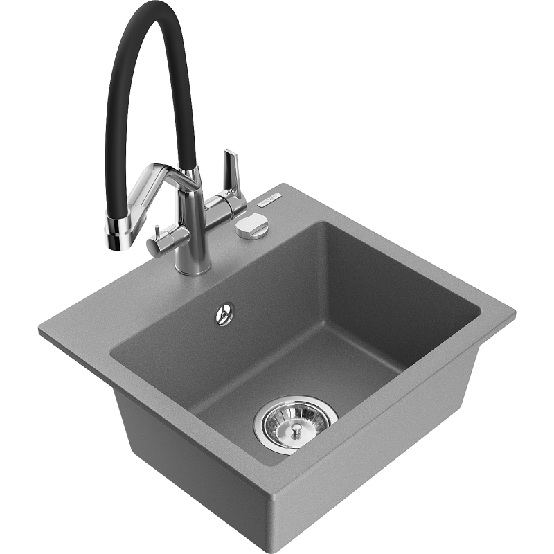 Mexen Milo fregadero de granito de 1 cubeta con grifo de cocina Duo, gris - 6505-71-671701-07