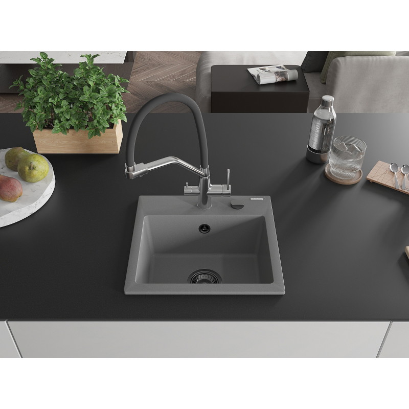 Mexen Milo 1-Becken Granitspüle mit Küchenarmatur Duo, grau - 6505-71-671701-07-B