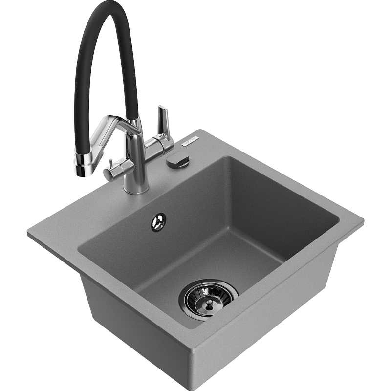 Mexen Milo fregadero de granito 1-cámara con grifo de cocina Duo, gris - 6505-71-671701-07-B
