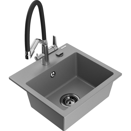 Mexen Milo Granitspüle 1-Becken mit Küchenarmatur Duo, grau - 6505-71-671701-07-B
