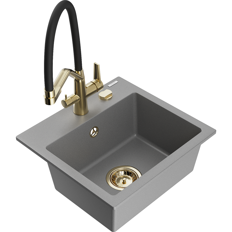 Mexen Milo Granitspüle 1-beckig mit Küchenarmatur Duo, grau - 6505-71-671701-57-G
