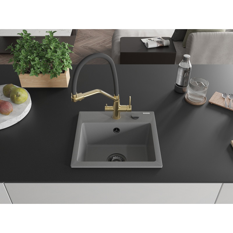 Mexen Milo évier granit 1 bac avec robinet de cuisine Duo, gris - 6505-71-671701-57-B