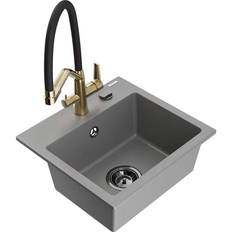 Mexen Milo évier en granit 1 bac avec robinet de cuisine Duo, gris - 6505-71-671701-57-B