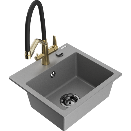 Mexen Milo évier en granit 1 bac avec robinet de cuisine Duo, gris - 6505-71-671701-57-B