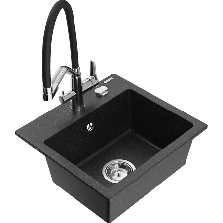 Mexen Milo 1-Kammer Granitspüle mit Küchenarmatur Duo, schwarz/silber metallic - 6505-73-671701-07