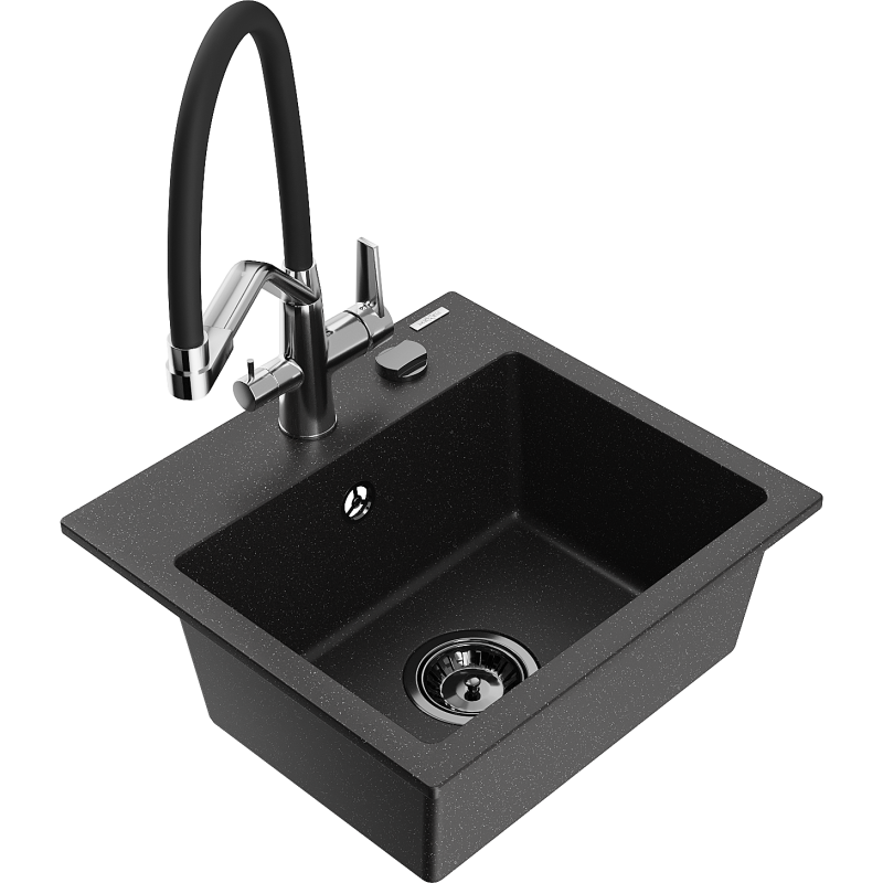 Mexen Milo fregadero de granito de 1 cubeta con grifo de cocina Duo, negro/plata metálico - 6505-73-671701-07-B