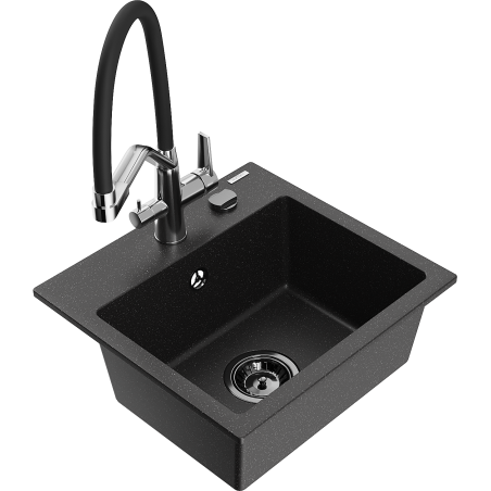 Mexen Milo fregadero de granito de 1 cubeta con grifo de cocina Duo, negro/plateado metálico - 6505-73-671701-07-B