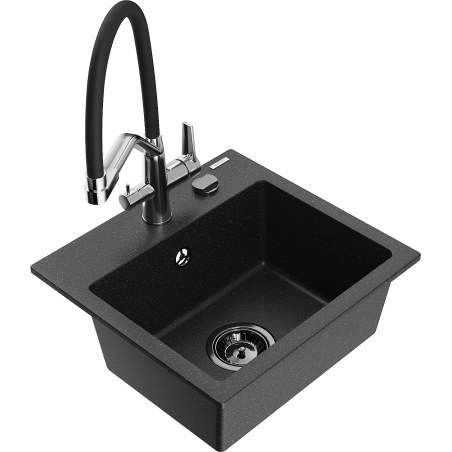 Mexen Milo granite kitchen sink single-bowl with Duo kitchen tap, black/silver metallic - 6505-73-671701-07-B