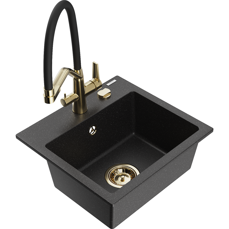 Mexen Milo fregadero de granito de 1 compartimento con grifo de cocina Duo, negro/plata metálica - 6505-73-671701-57-G