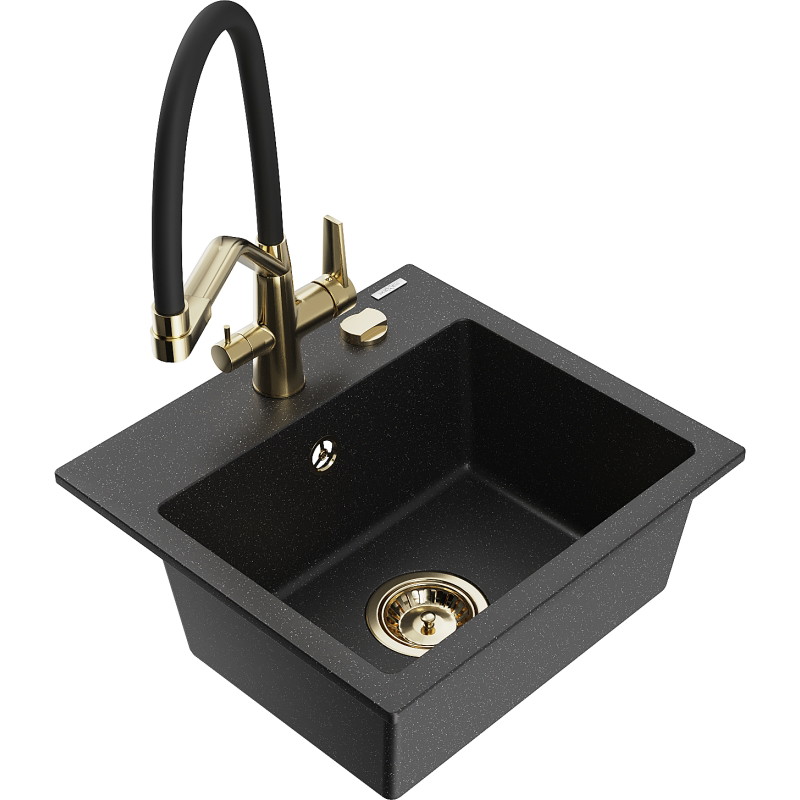 Mexen Milo fregadero de granito de 1 compartimento con grifo de cocina Duo, negro/plateado metálico - 6505-73-671701-57-G