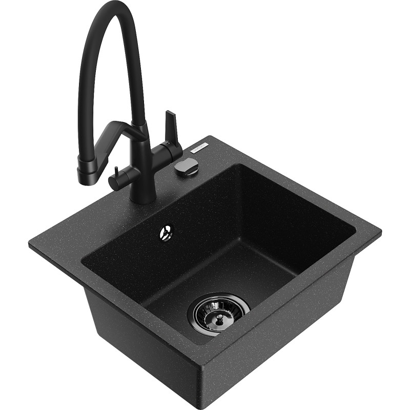Mexen Milo fregadero de granito de 1 seno con grifo de cocina Duo, negro/plateado metálico - 6505-73-671701-70-B