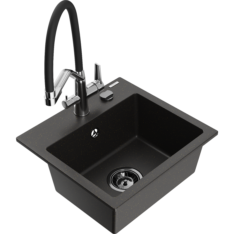 Mexen Milo fregadero de granito de 1 cubeta con grifo de cocina Duo, negro/dorado metálico - 6505-75-671701-07-B