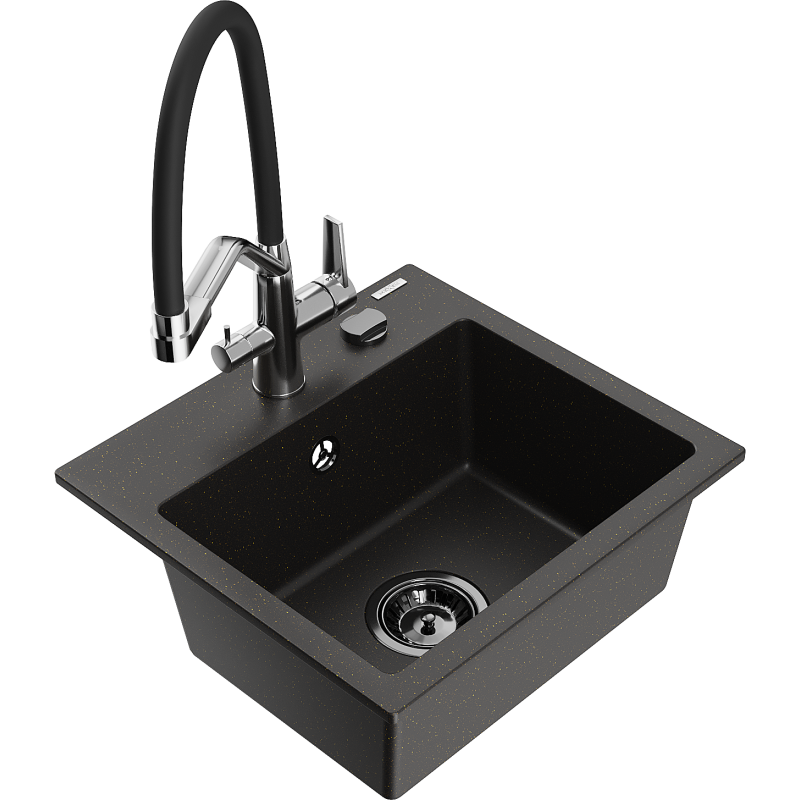 Mexen Milo granieten spoelbak 1-komerig met keukenmengkraan Duo, zwart/gouden metallic - 6505-75-671701-07-B