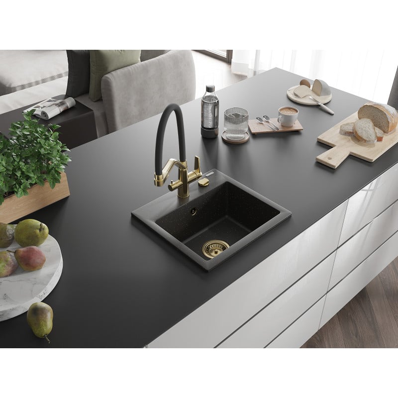 Mexen Milo lavello cucina in granito 1-vasca con miscelatore Duo, nero/oro metallico - 6505-75-671701-57-G