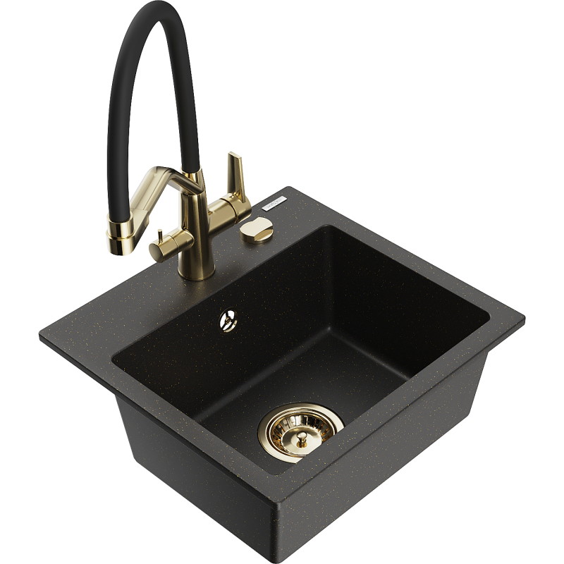 Mexen Milo Granitspüle 1-Becken mit Küchenarmatur Duo, schwarz/gold metallisch - 6505-75-671701-57-G