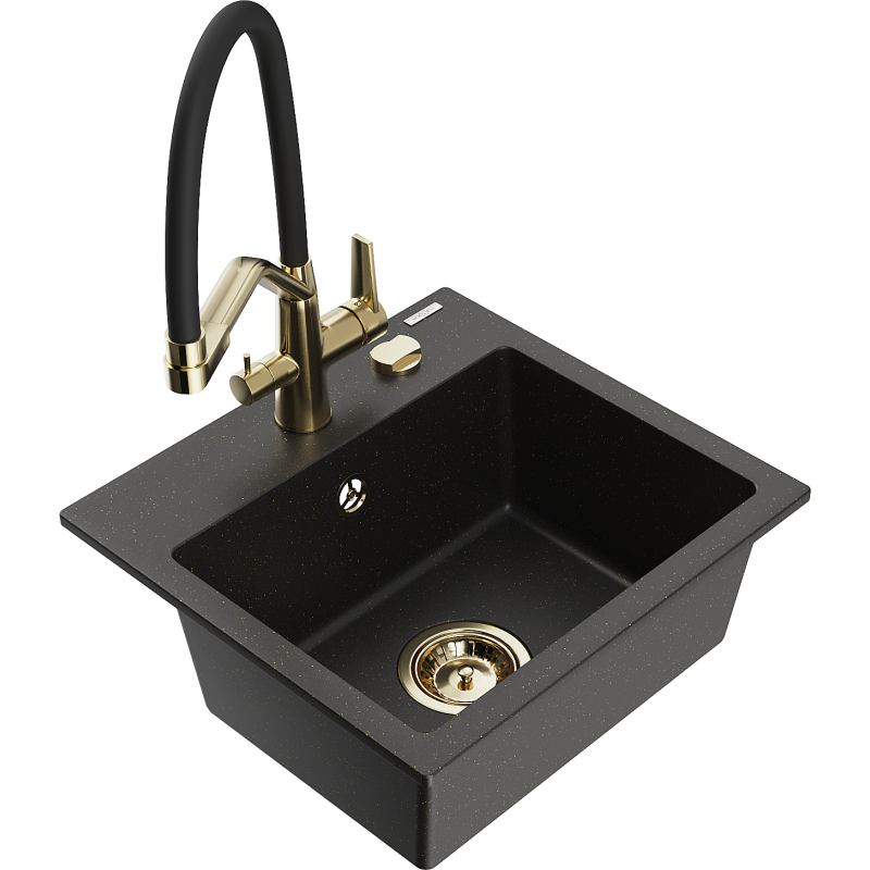 Mexen Milo lavello cucina in granito 1-vasca con miscelatore Duo, nero/oro metallico - 6505-75-671701-57-G