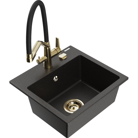 Mexen Milo Granitspüle 1-Becken mit Küchenarmatur Duo, schwarz/gold metallisch - 6505-75-671701-57-G