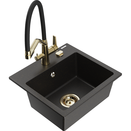 Mexen Milo single-bowl granite kitchen sink with Duo tap, black/gold metallic - 6505-75-671701-57-G