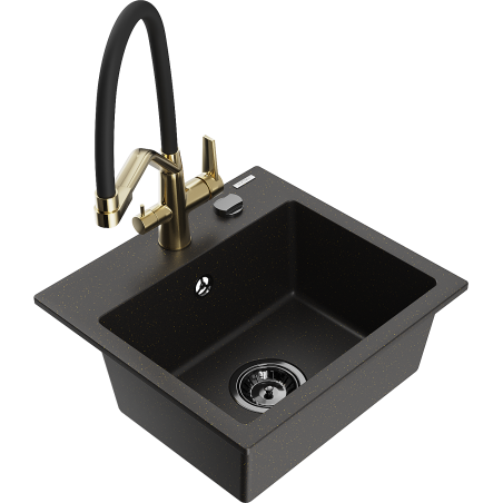 Mexen Milo Granitspüle 1-kammerig mit Küchenarmatur Duo, schwarz/gold metallic - 6505-75-671701-57-B