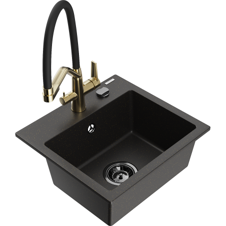 Mexen Milo lavello in granito a 1 vasca con miscelatore cucina Duo, nero/oro metallizzato - 6505-75-671701-57-B