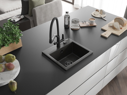 Mexen Milo fregadero de granito de 1 seno con grifo de cocina Duo, negro/dorado metálico - 6505-75-671701-70-B