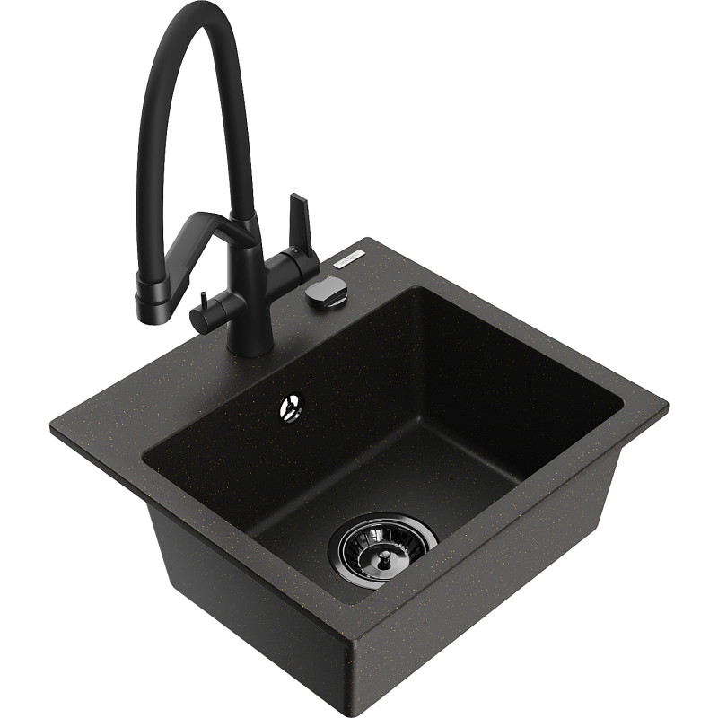 Mexen Milo granitische spoelbak met één bak en keukenmengkraan Duo, zwart/goud metallic - 6505-75-671701-70-B