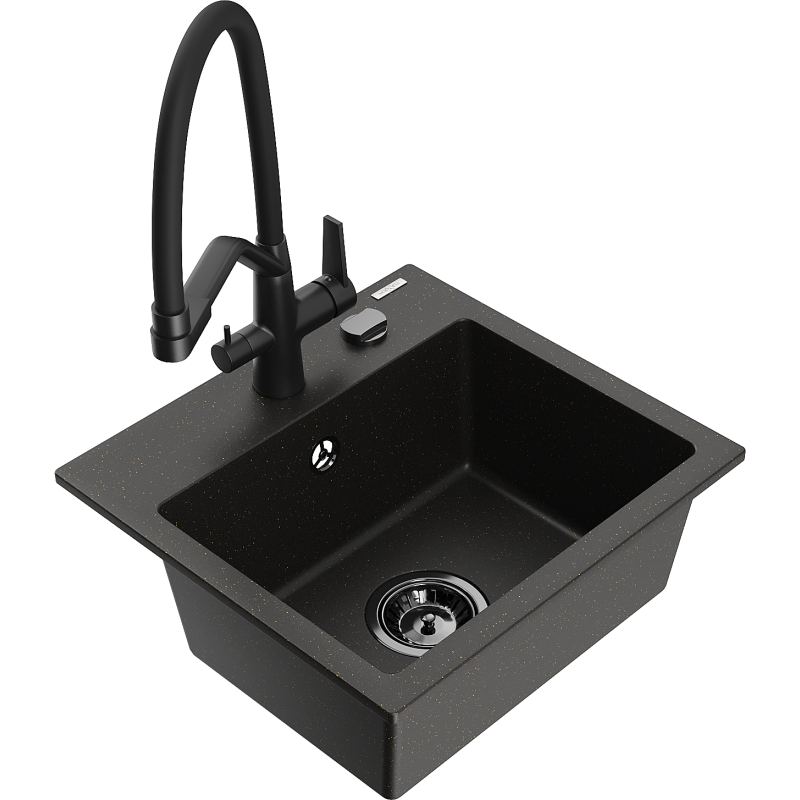 Mexen Milo yksi-kulhoinen graniittiallas ja keittiöhana Duo, musta/kultametalli - 6505-75-671701-70-B