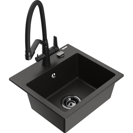 Mexen Milo granite sink 1-bowl with Duo kitchen faucet, black/gold metallic - 6505-75-671701-70-B