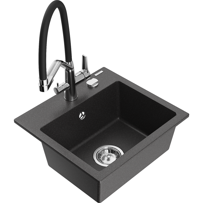 Mexen Milo 1-osainen graniittinen keittiöallas keittiöhanalla Duo, musta pilkullinen - 6505-76-671701-07